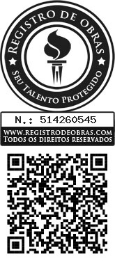 É o selo que mostra que o artigo é protegido por Direitos Autorais. No alto tem o símbolo da empresa que registrou, logo abaixo tem o número de registro da obra e, abaixo, tem o QR code.