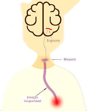 É uma figura criada para mostrar o que faz um Engrama gerado por Sentimentos Insuportáveis. Aparece a imagem de um ser humano do tórax para cima. No lugar do rosto, há o desenho de um cérebro, como se o rosto fosse transparente. No cérebro, há um pequeno traço vermelho representando o Engrama que foi formado. Na área do peito há um círculo vermelho, representando a saída da energia de um sentimento insuportável. Ele deixa um rastro roxo de sua passagem em direção ao pescoço e, antes de chegar aí, há uma tensão muscular formando um bloqueio à sua passagem. Um linha fina sai do traço do cérebro que representa o Engrama e vai até o trajeto da Emoção Insuportável para bloqueá-la.